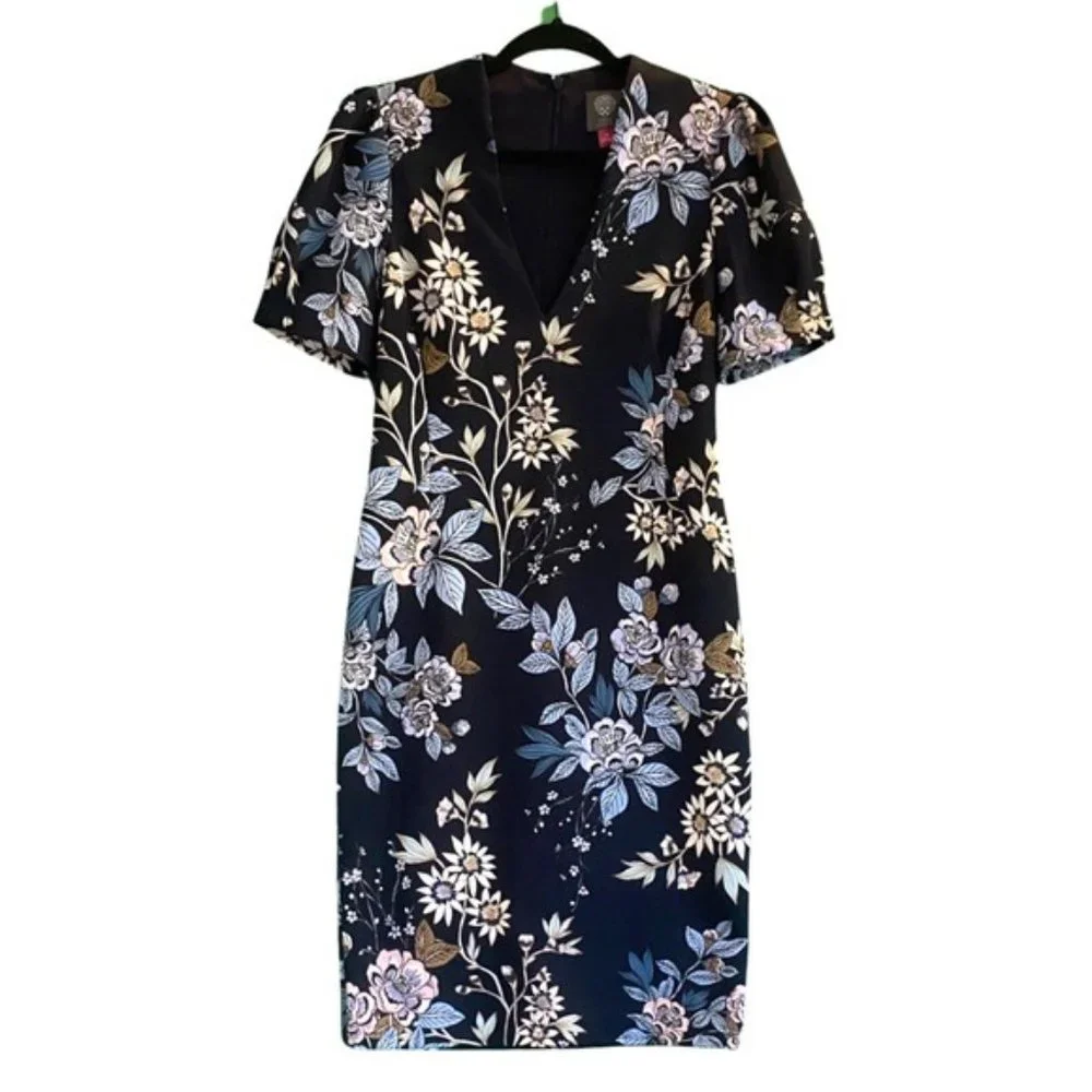 Vince Camuto Puffy Sleeve V-Neck Navy Blue Floral Scuba Knit Fabric Size 10 - Picture 5 of 7